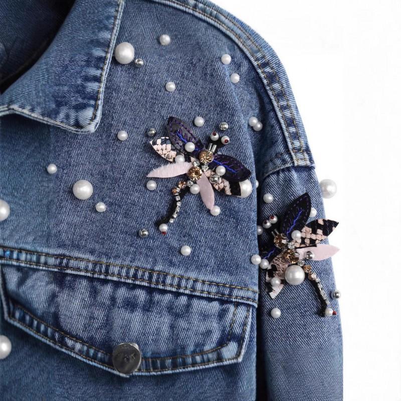 Womens Relaxed Fit Denim Jacket With Embroidered Dragonfly Beading 2025 Casual Chic Long Sleeve Blazer