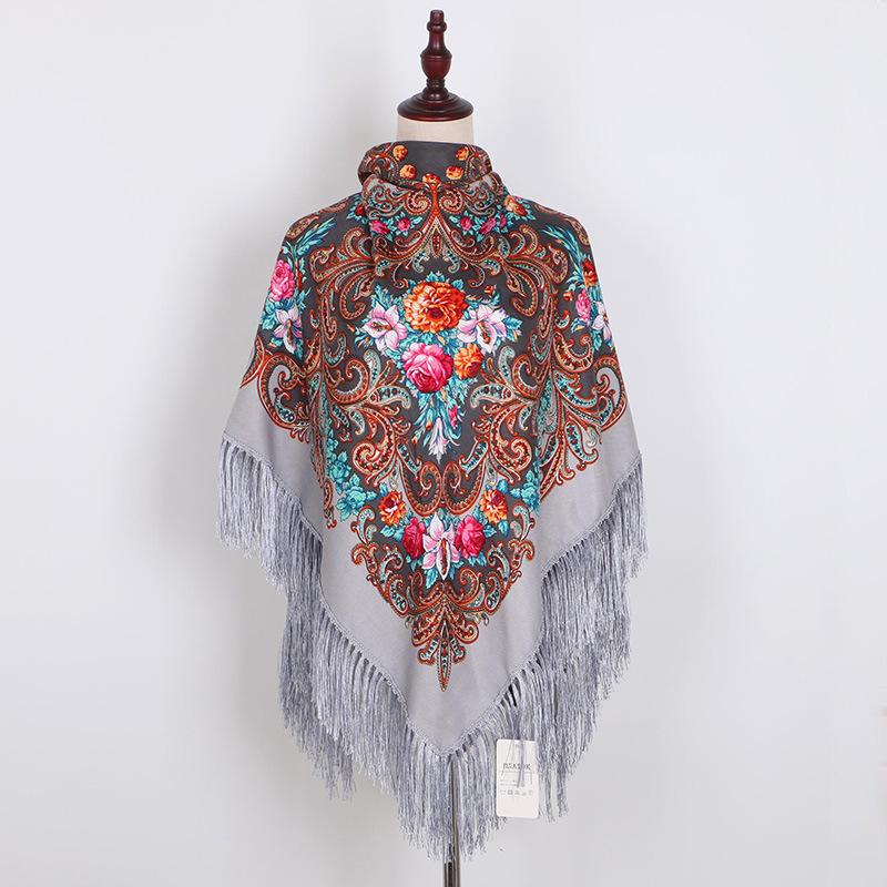 130*130cm Russian National Scarf Women Luxury Floral Bandana Fringed Ukrainian Shawl Big Size Handkerchief Babushka Head Wraps