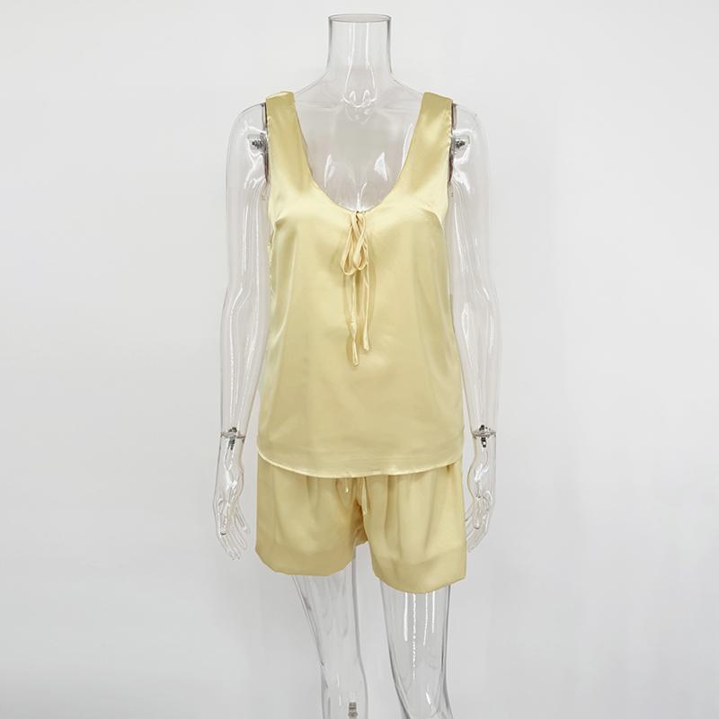 2 Piece Sets Shorts Outfits Women Satin Casual Tracksuits Summer V Neck Tops And Short Sets Sleeveless Drawstring Suits