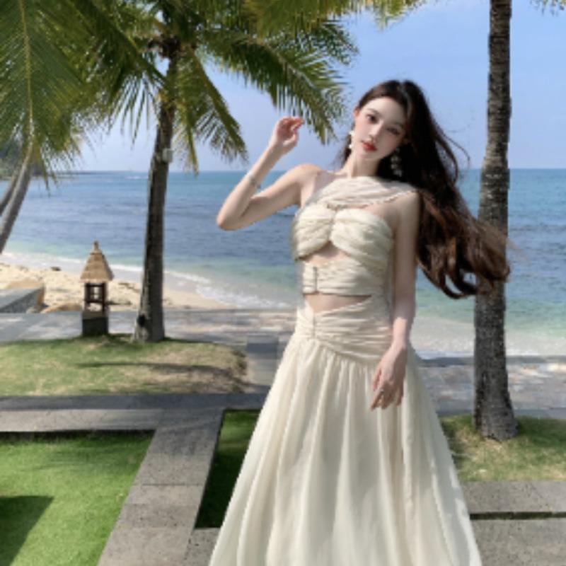 French Temperament Streamer Slanted Shoulder Tube Top Dress Fairy Summer Seaside Vacation Sexy Long Skirt