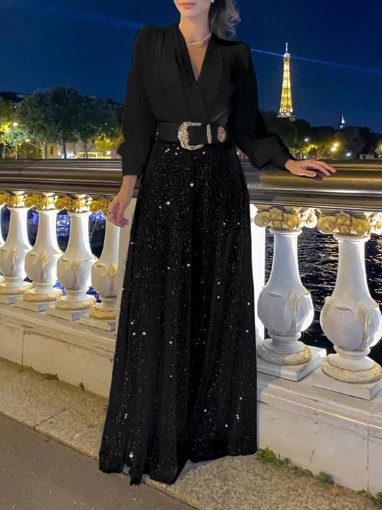 European and American long-sleeved temperament elegant waist and thin deep V-neck wide-leg pants set does not include belt