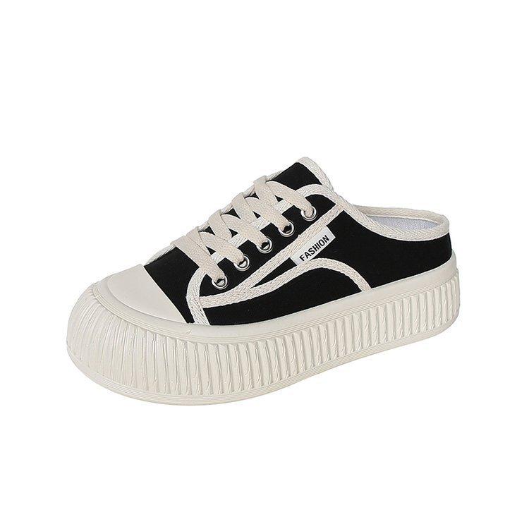 Closed Toe Half Slippers Women's Outer Wear Thick-Soled Biscuit Canvas Half Support  New Spring and Summer Slip-on Lazy White Shoes