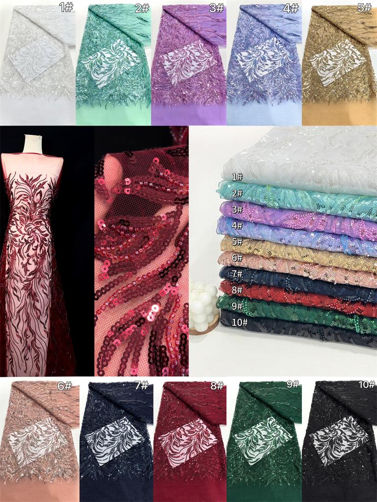 Wine Red African Beaded Lace Fabric Sequins Embroidery 2025 High Quality French Mesh Lace Fabrics for Women Designs Party Sewing