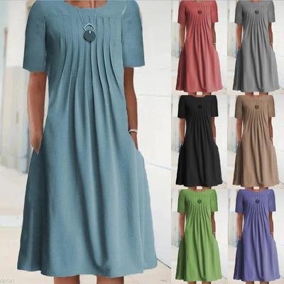 New Women's Summer Round Neck Short Sleeve Mid-Length Loose Dresses