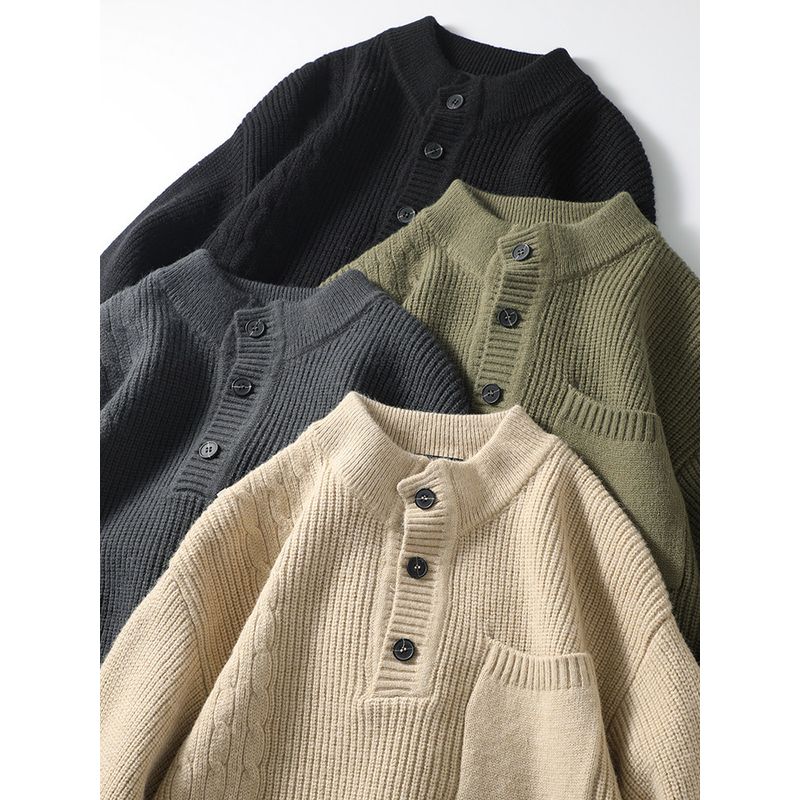 Japanese Retro Henry Collar Sweater for Men, Winter Half-High Collar Thick Knit, Export Quality, Casual Knitwear Jacket