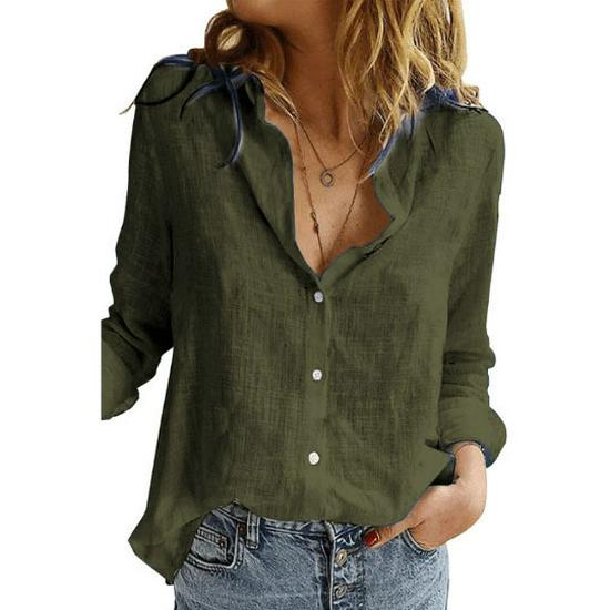 2023 European & American Women's Casual Loose Long Sleeve Cotton Linen Shirt - Solid Color