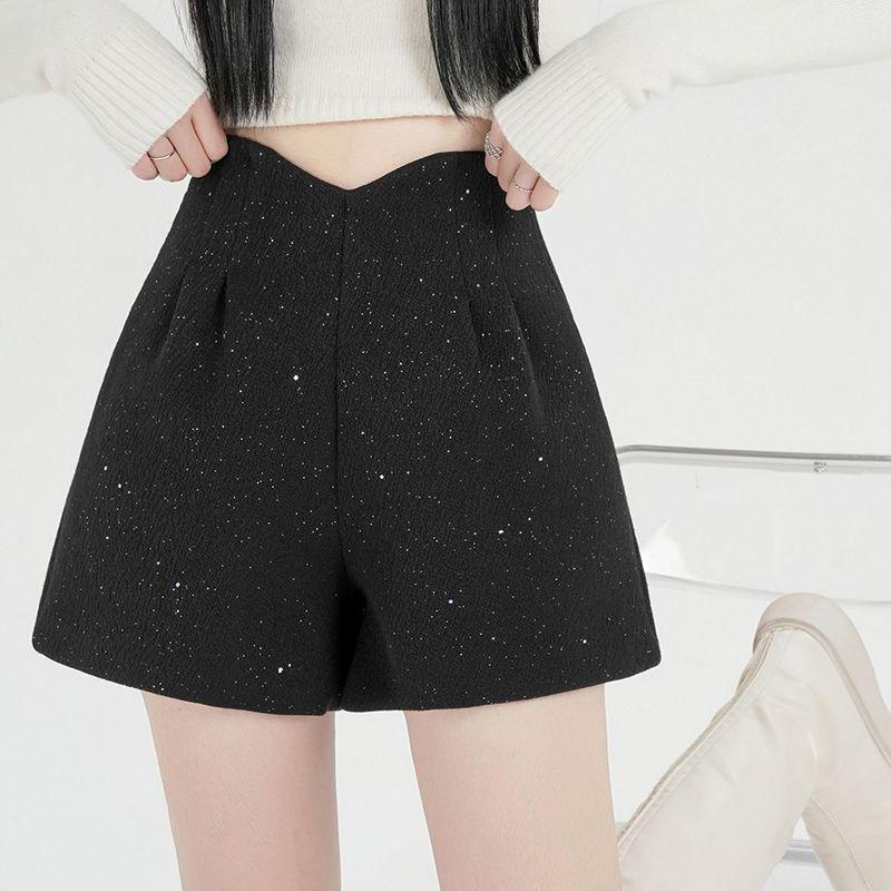 2025 New High-Waisted Shiny Bootcut Woolen Shorts for Women - Autumn/Winter Fashion