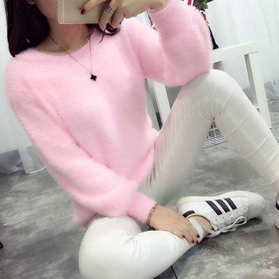 Herbst und Winter Rundhals-Short-Top, lockerer Pullover, einfarbig, langhaariger Pullover, dickes Mohair-Bottom-Shirt