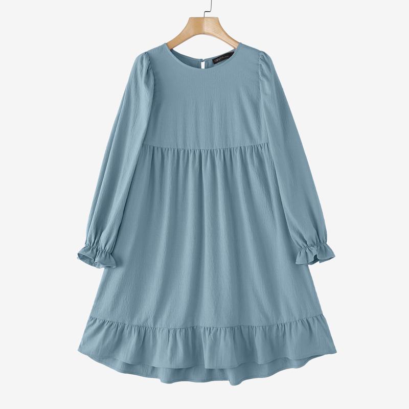 

ZANZEA Женское повседневное платье с круглым вырезом, однотонное, свободного кроя, с длинным рукавом 5XL синий