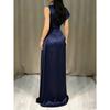 New Satin Round Neck Long Dress, High Waist Pleated Elegant Evening Party Gown