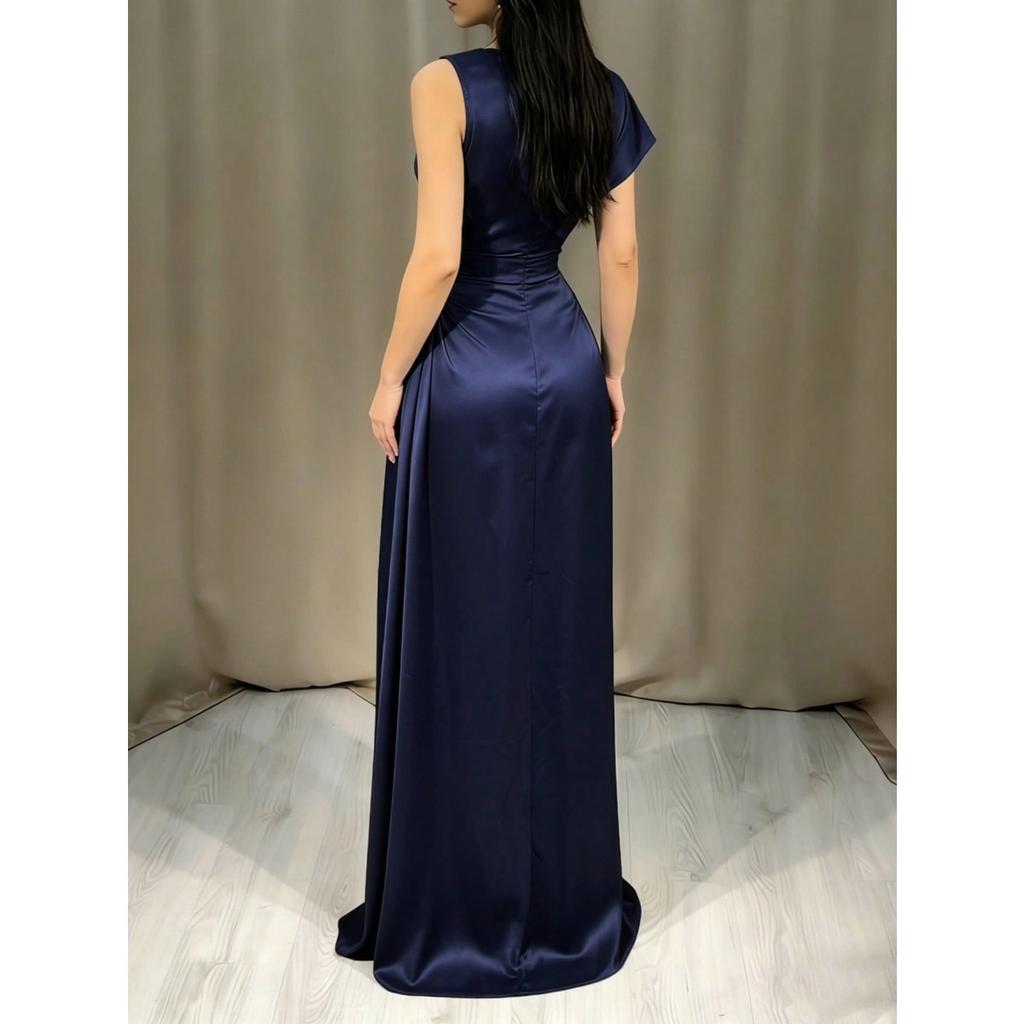 New Satin Round Neck Long Dress, High Waist Pleated Elegant Evening Party Gown