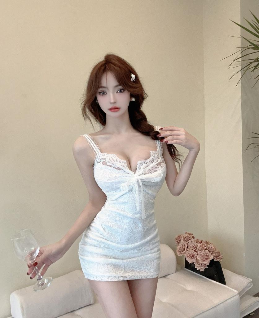 Summer V-neck Sexy Lace Hollow Suspender Base Dress Club Technician Foot Bath Hip Skirt Women