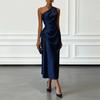 Elegant Women Solid Satin Slanted Neck Midi Dress Summer Sexy One Shoulder Sleeveless Ruched Slim Evening Party Long Dresses