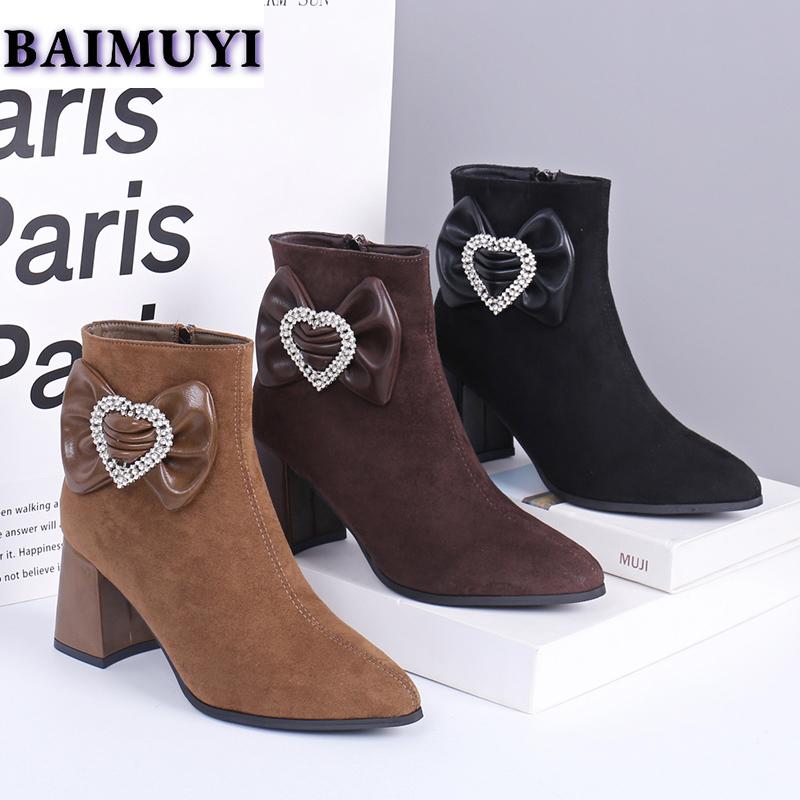 Bow Crystal Pointed Toe Women Ankle Snow Boots High Heels Shoes 2025 Trend Luxury Brand Chunky Chelsea Boots Pumps Mujer Botas