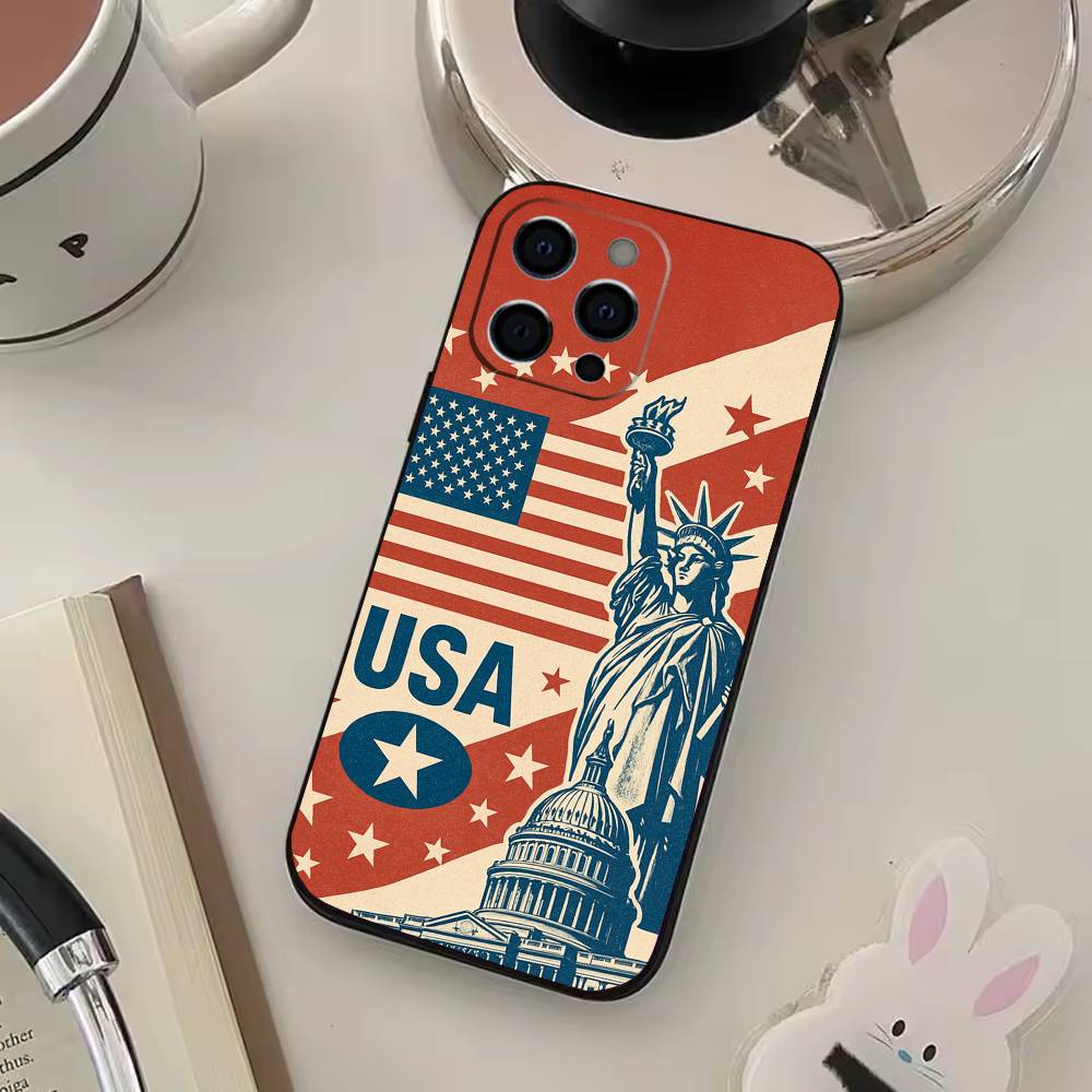 Statue Liberty America USA Flag Phone Case For iPhone 17,16,15,14,13,12,11 Plus,Pro Max,XS,Soft Black Cover