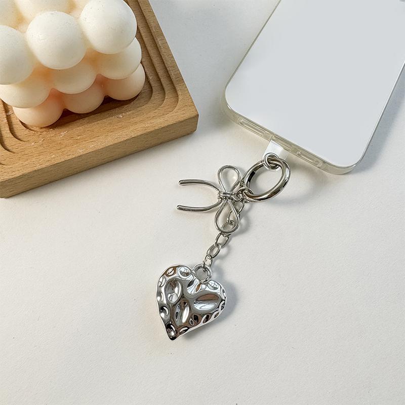 Ins Style Silver Heart Key Chain Alloy Bowknot Phone Pendant Headphone Case Charm Car Key Ring Bag Decor