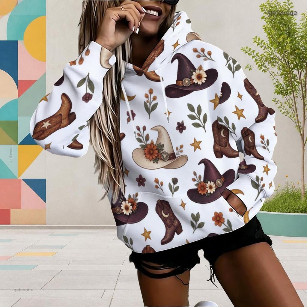 Women s Plus Size White Cartoon Teacher Witch Ghost Printed Long Sleeve Drawstring Hoodie With Kangaroo Pocket