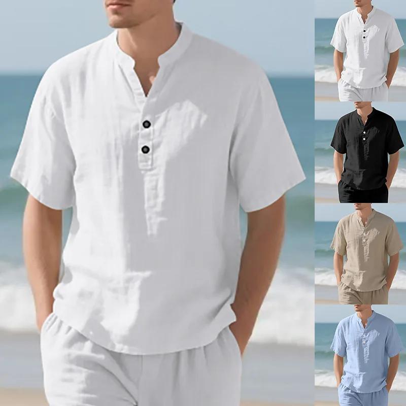 Summer Men's Casual Loose Shirt Men's Casual Stand-Up Collar Pull On Short Sleeves Solid Color Shirts Man
