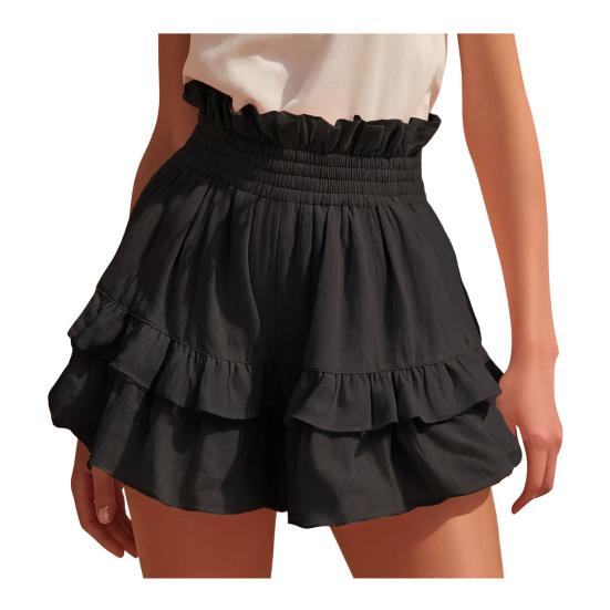 Women s Cotton Linen Elastic High Flowy Shorts Ruffle Tiered Shorts Waist Layered Casual XL чёрный