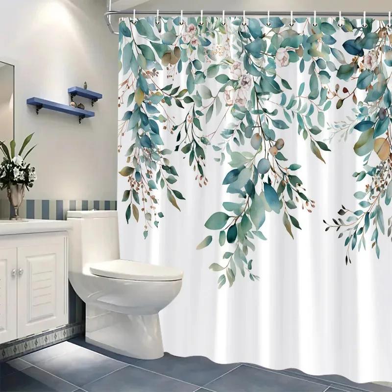 Watercolor Plant Leaf Shower Curtain Thanksgiving Gift Polyester Green Leaf Printed Shower Curtain Bathroom Decoration