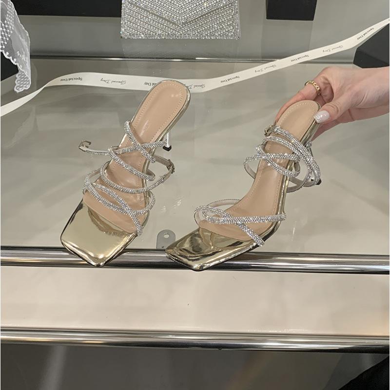 2025 summer fairy wind square head silver rhinestone thin strap stiletto sandals fashion French word strap high heel women