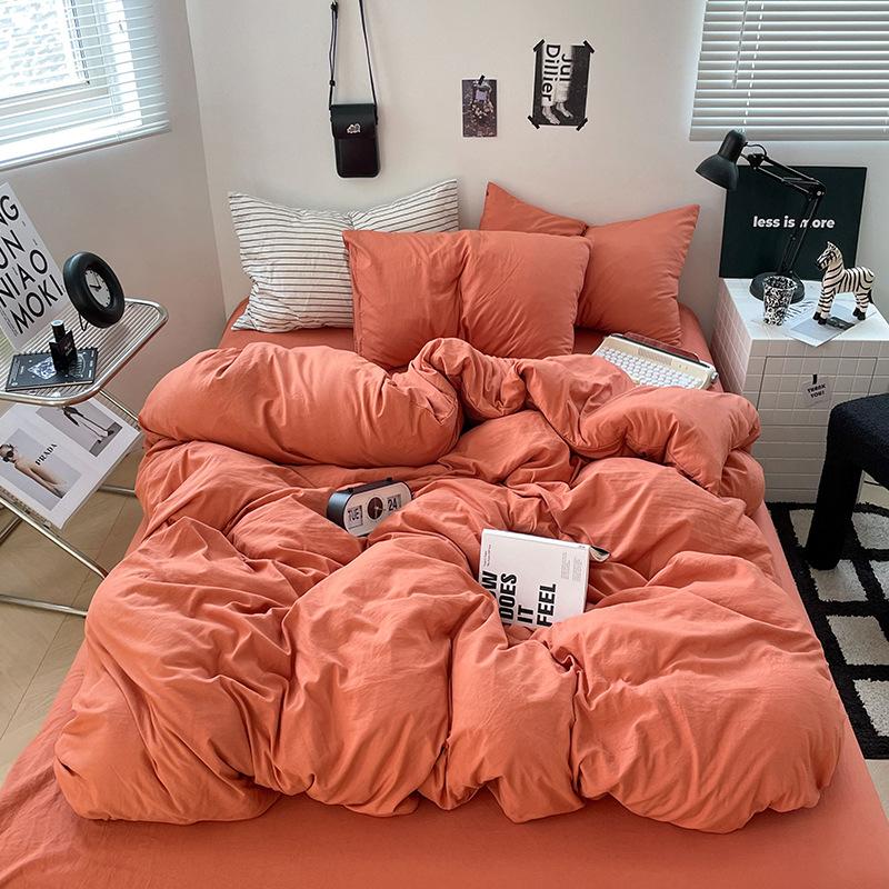 Ultra-soft Solid Color Washed Cotton Bed 4-piece Set Duplex Student Dormitory 3-piece Bed Sheet Quilt Cover Bedding