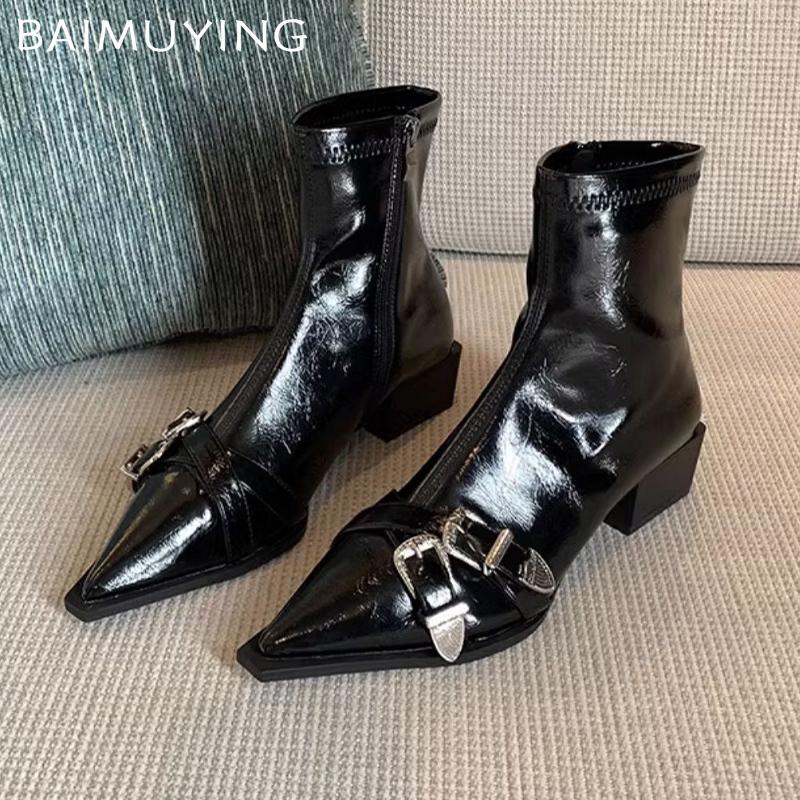 Lær Chunky Dame Ankelstøvletter Fad Spiss Tå Mellomhæler Sexy Sko 2025 Trend Designer Spenner Pumps Goth Vinter Botas Mujer