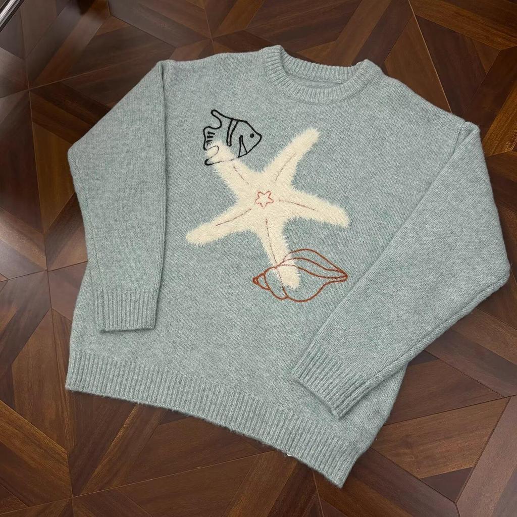 Unisex Korean Lazy Star Embroidered Round Neck Sweater - Casual Autumn/Winter Knit Top