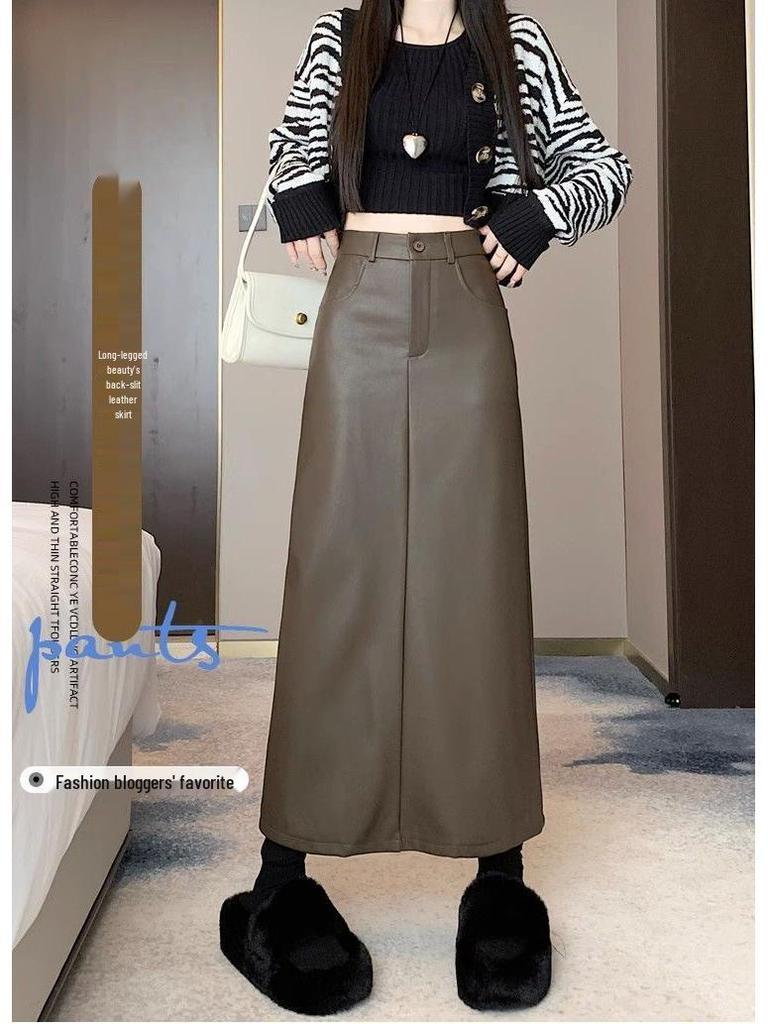 2025 A/W Women's Retro PU Leather Slit A-Line Mid-Length High Waist Skirt