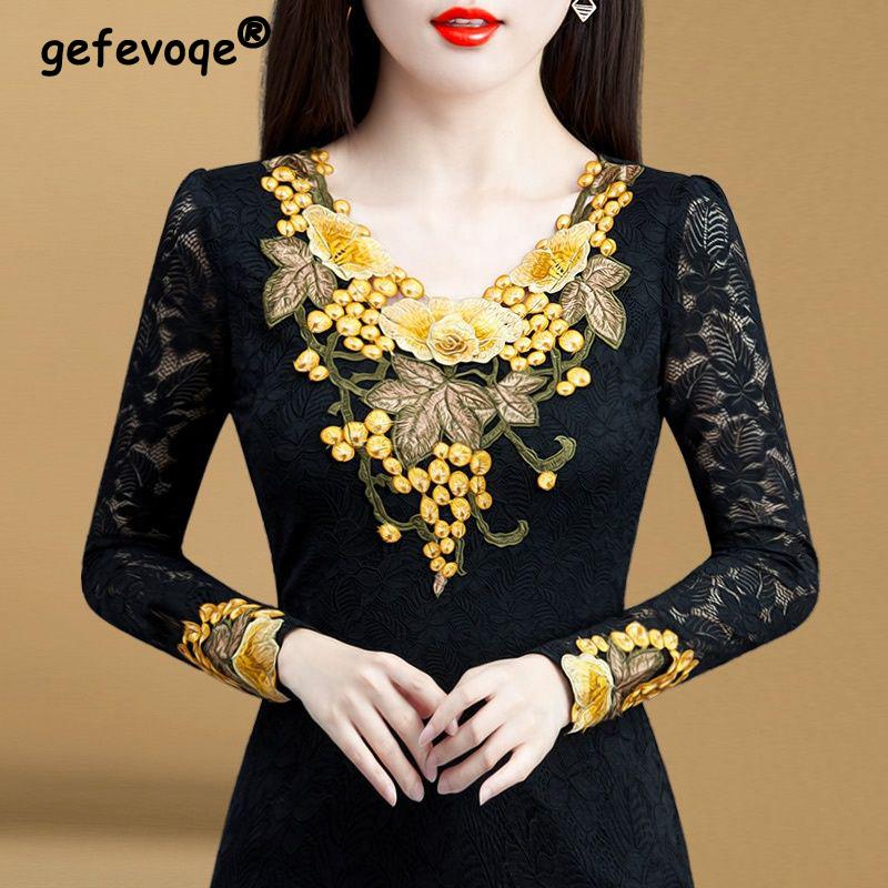 

Женская корейская мода винтажная сексуальная кружевная вышивка базовая футболка осень зима элегантный V-образный вырез длинный рукав приталенные топы Ropa De Mujer L жёлтый