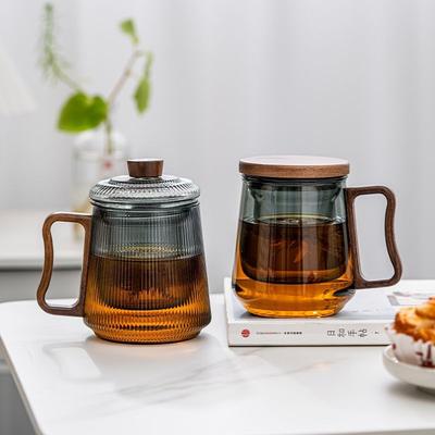Translucent Black Glass Ink Three Piece Cup with Wooden Cover Tea Water Separation Tea Cup Side Wooden Handle Vertical Pattern Glass Blue Shirt Cup