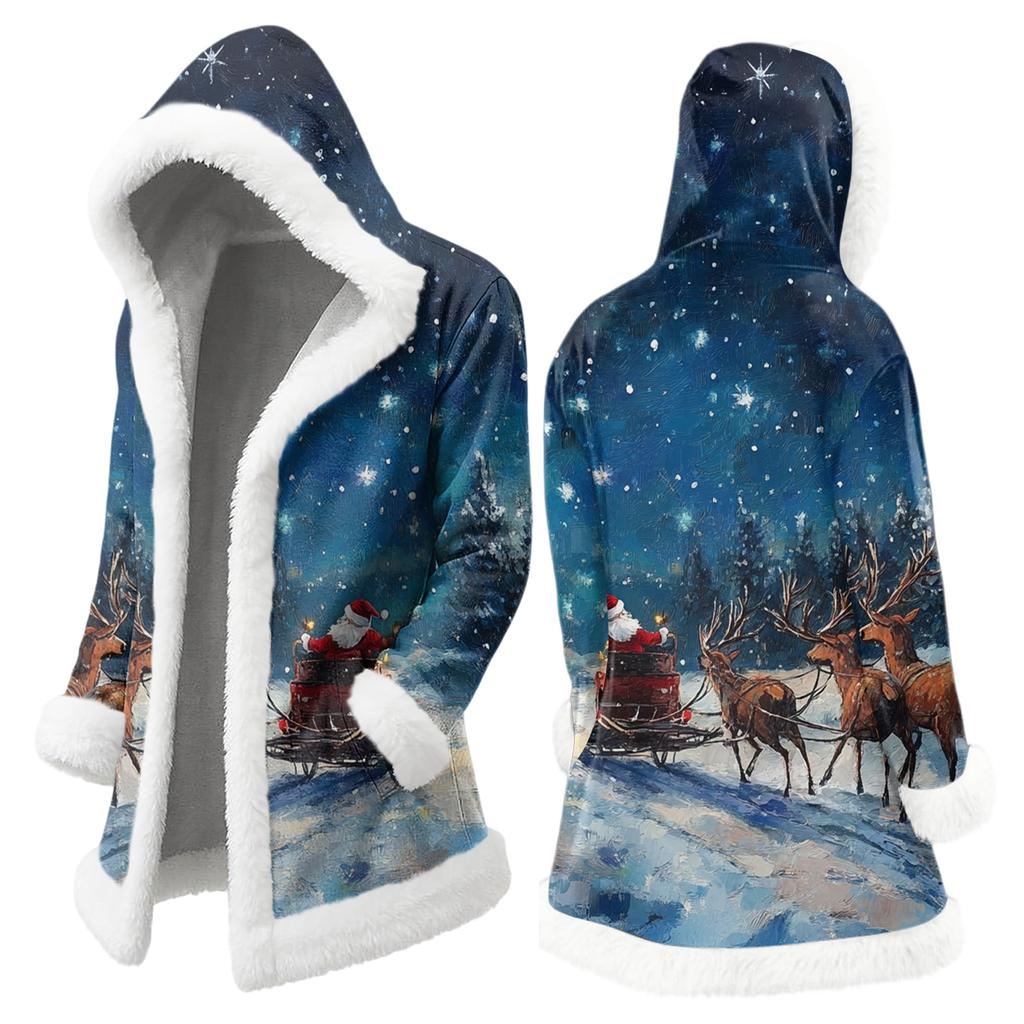 Men's Christmas Long Hooded Cardigan With Pockets Warm Jacket