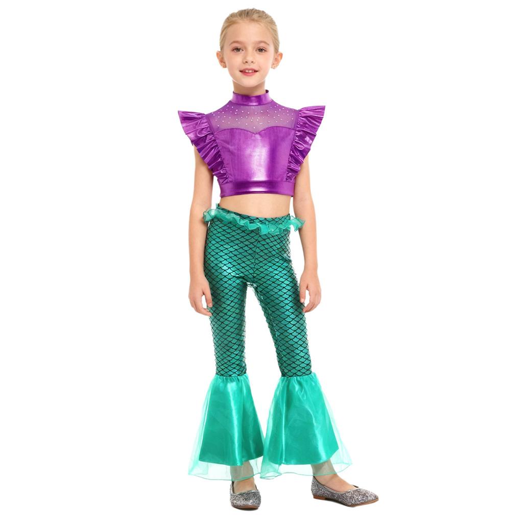 Costume da Sirena per Bambini 2 Pezzi Canotta Metallizzata Senza Maniche con Strass Crop Top Arricciato con Elastico in Vita Pantaloni a Zampa Arricciati Stampa a Squame di Pesce