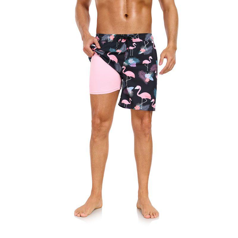 Men's Double-Layer Printed Beach Shorts Drawstring Swim Trunks