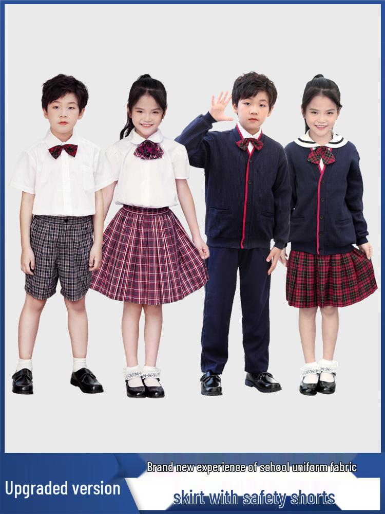 Shenzhen School Uniform Summer Set for Primary Boys & Girls: Short-Sleeved Shirt, Plaid Pants, Skirt, Short Skirt, and Bow Tie