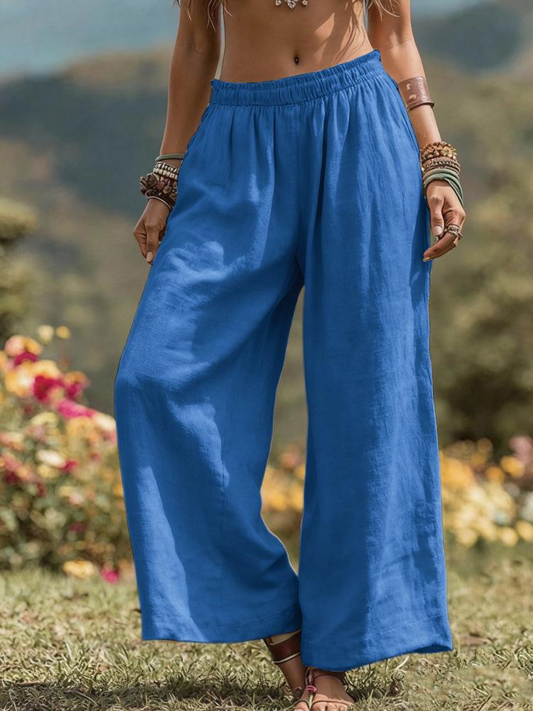 

2026 Spring/Summer Women s Solid Color Cotton Linen Wide-Leg Pants with Elastic Waist and Side Pockets Extra Large синий