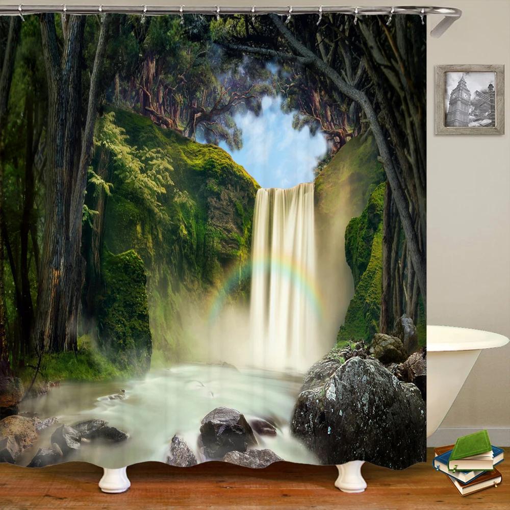 Green Scenery Shower Curtain with Hooks, Waterproof Bathroom Partition, Weighted Bottom Reinforced Eyelets & Easy To Clean