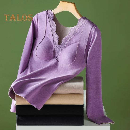 Thermal Bottoming Tops with Built-in Chest Pads DE Velvet Double Layer Warmth Long Sleeve Pullover Tops Solid Color Winter Inner Outer Wear