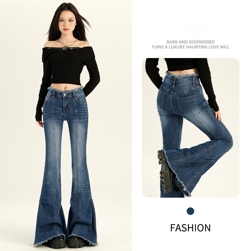 

Осенне-зимние женские американские ретро-джинсы с широкими расклешенными штанинами, бахромой, высокой талией и эффектом утягивания, эластичные брюки до пола 3XL синий