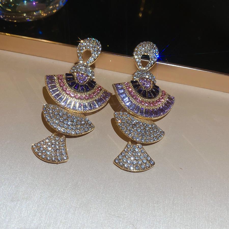 European and American geometric color flower zircon fringed earrings, stud earrings, exquisite luxury earrings, women