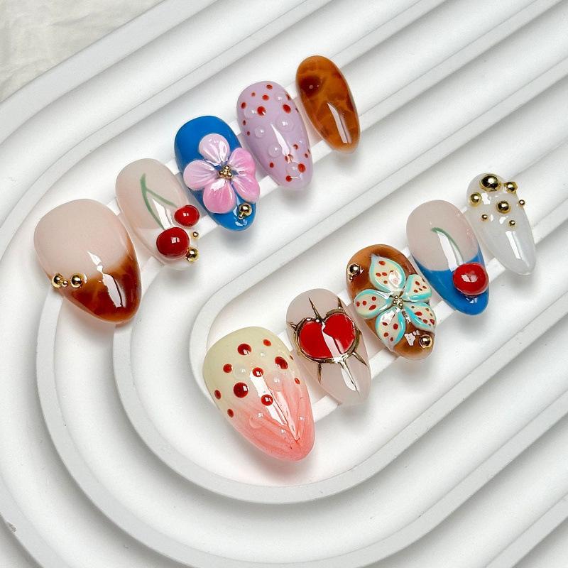 Gilded Almond 3D Floral & Leopard French Manicure Nails Finished Strips (3 Sets, All Rhinestones)
