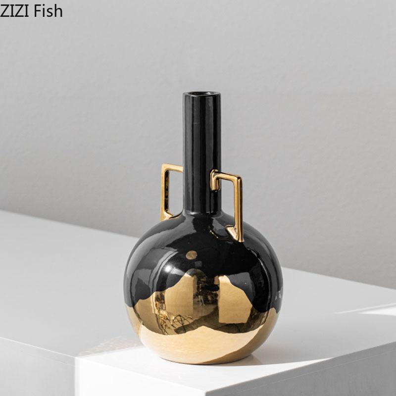Creative Black Golden Ceramic Vase Desk Decoration Minimalism Ornaments Flowers Arrangement Floral Vases Room Aesthetic Decor