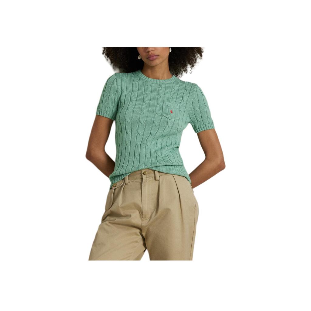 Polo Ralph Lauren Slim Fit Cable Knit Cotton Short Sleeve Sweater Women sweater Aqua WMPOSWENC021245-300