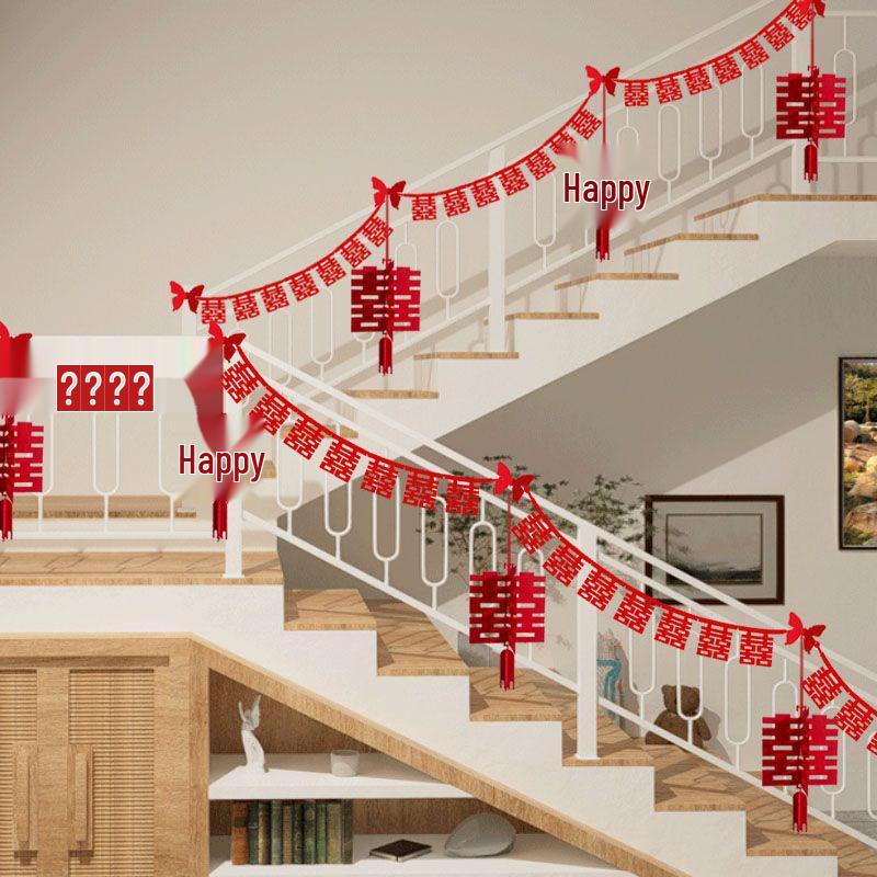 Double Happiness Stair Railing Decor: Wedding Floral Ornaments for Bride and Groom Sides