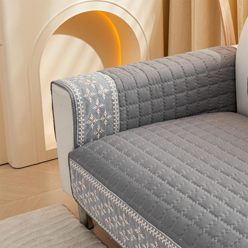 1Pc Waffle Quilting Four Season Anti-Slip Sofa Cover With Snowflake Lace Decor, Couch Seat Cover Blanket Modern Living Room