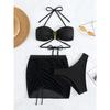3 Pieces Black V Wire Halter Bikini 2025 Women & Beach Skirt Swimwear Female Swimsuit Solid Beachwear Bathing Swimming Suit