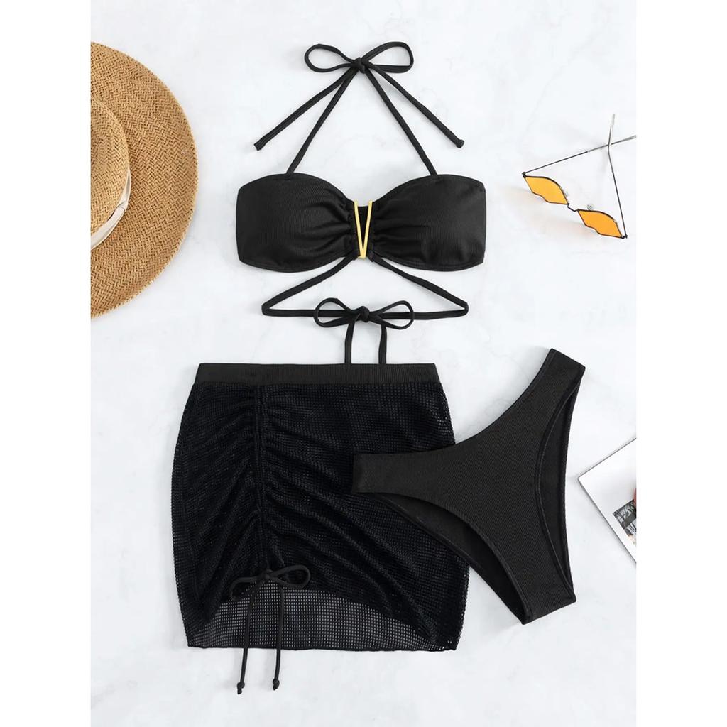 3 Pieces Black V Wire Halter Bikini 2025 Women & Beach Skirt Swimwear Female Swimsuit Solid Beachwear Bathing Swimming Suit