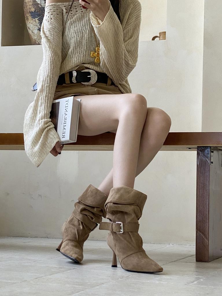 Two wear pointed thin heel high heel boots western cowboy boots suede metal buckle short boots medium boots