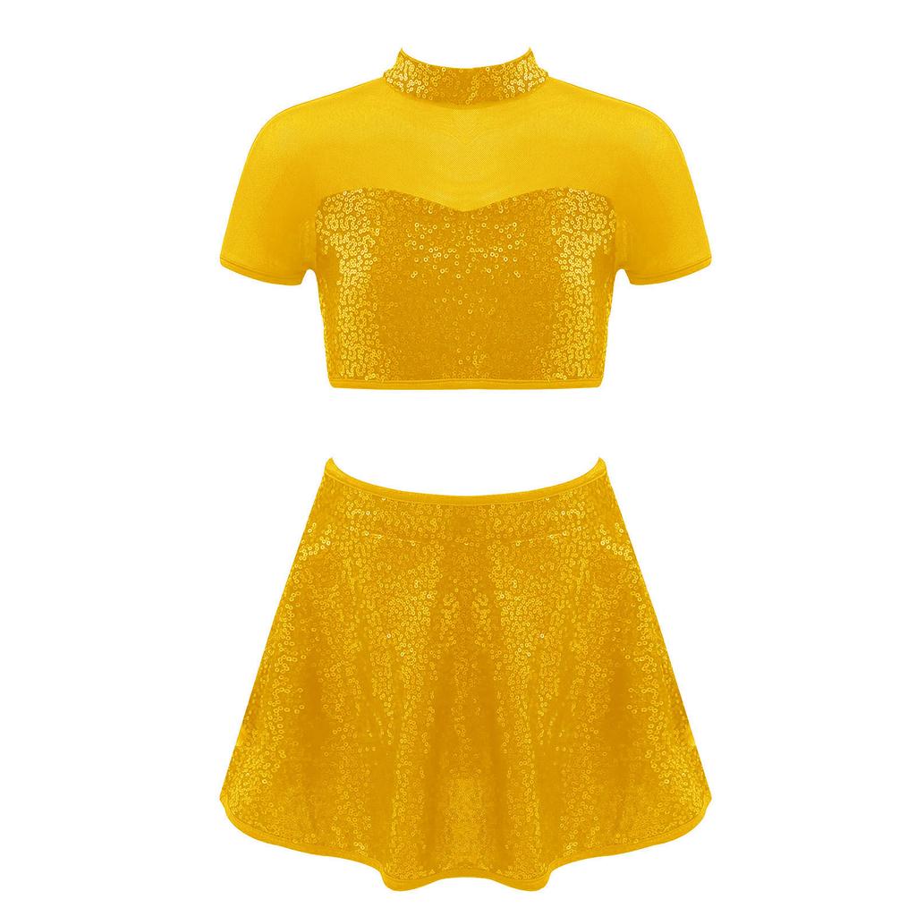 Kids Girls Sparkly Dance Outfit Stand Collar Crop Top Mesh Patchwork Open Back with Skirt