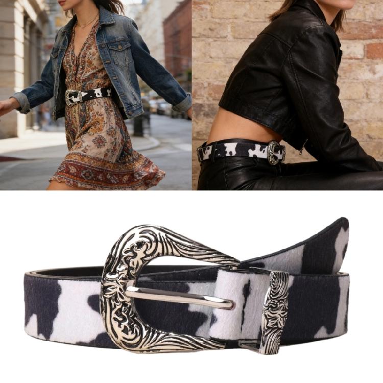 PU Cow Print Waist Belt with Engraved Buckles Wide Waistband Decorative Waist Strap for Women Girl Everyday Outfit